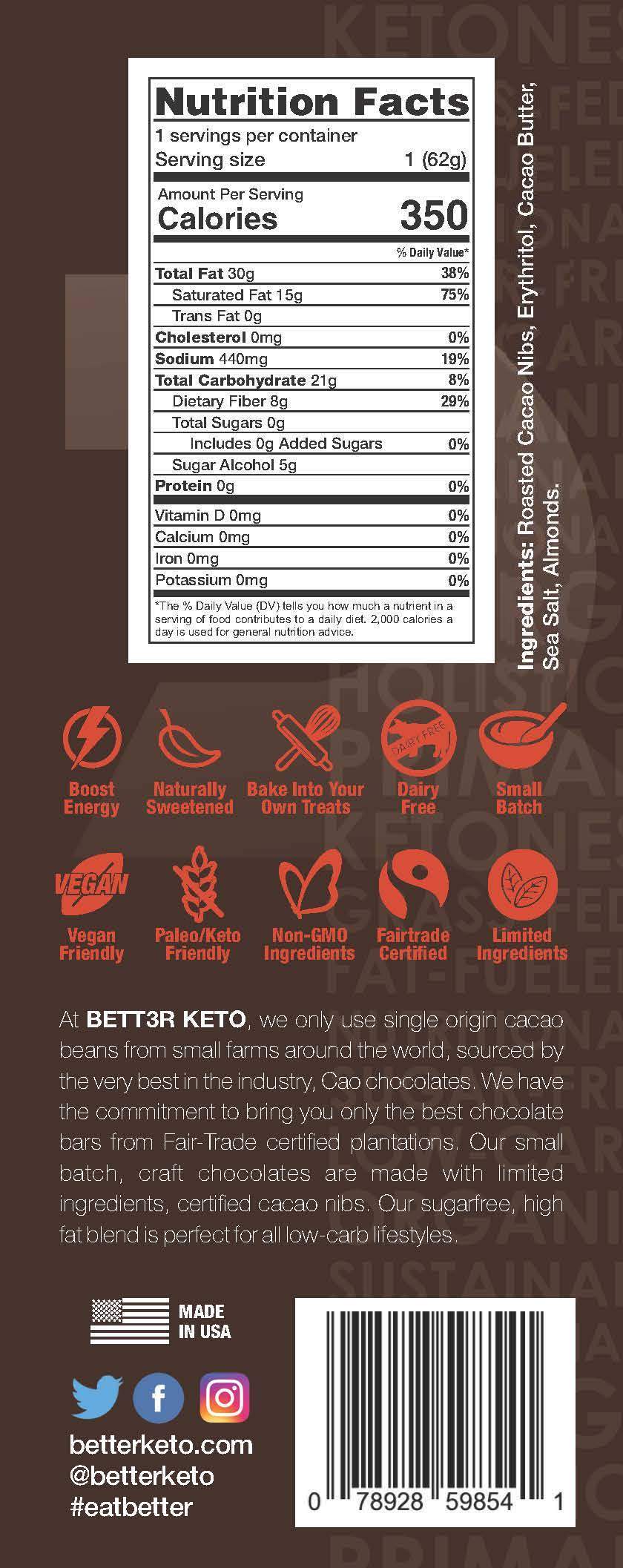 Premium Keto Dark Chocolate Bar 80% Cacao - Sea Salt & Almond - Keto Diet Done Better