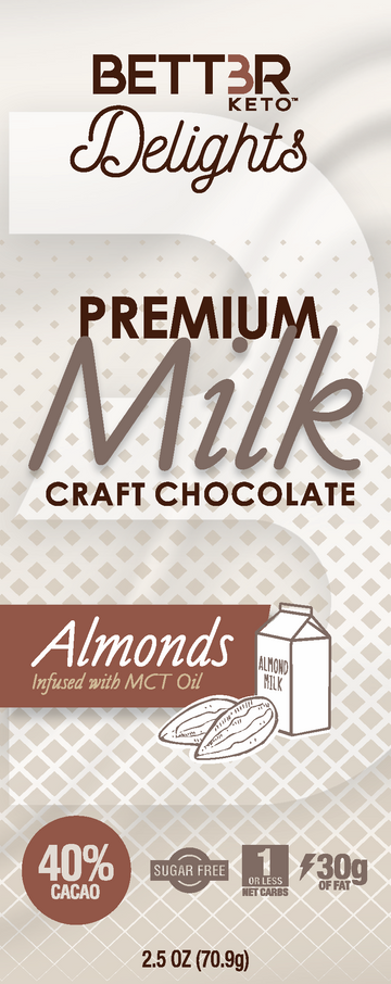 Premium Keto Milk Chocolate Bar 40% Cacao - Almonds 2.5 oz. - Keto Diet Done Better